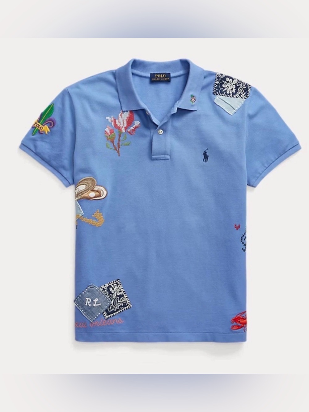Polo Ralph Lauren New Orleans Embroidered Patchwork Polo Shirt Blue Sz L NWT